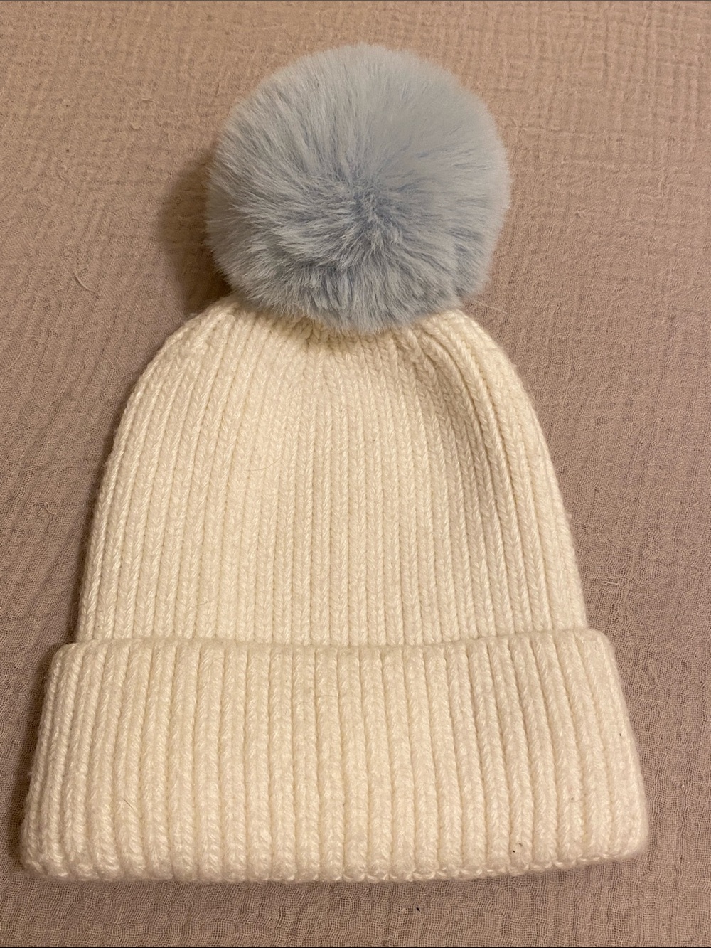 Anthropologie Cream Knit Kids Beanie with Light Gray Pom